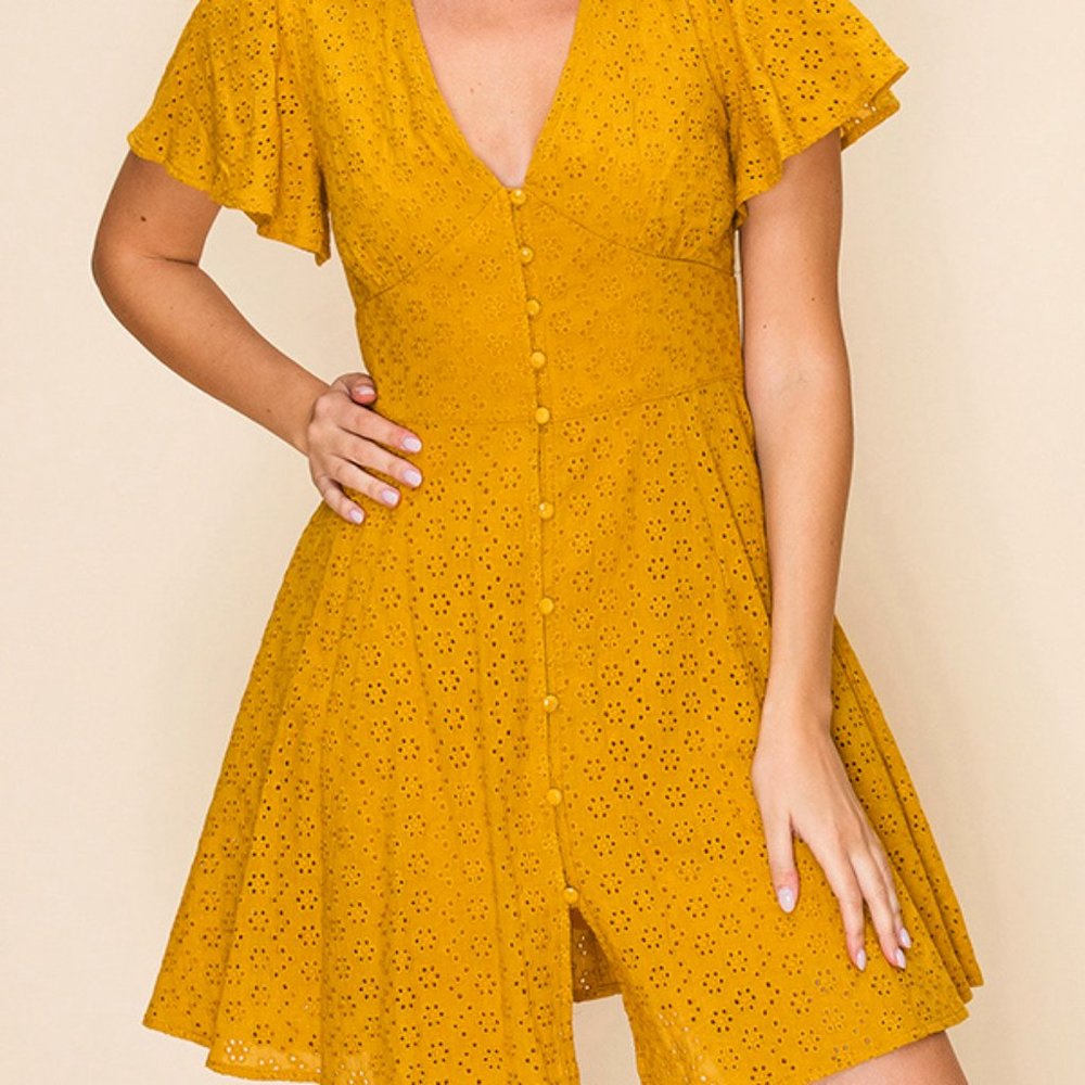 Gold Deep V Ruffle Sleeve Dress